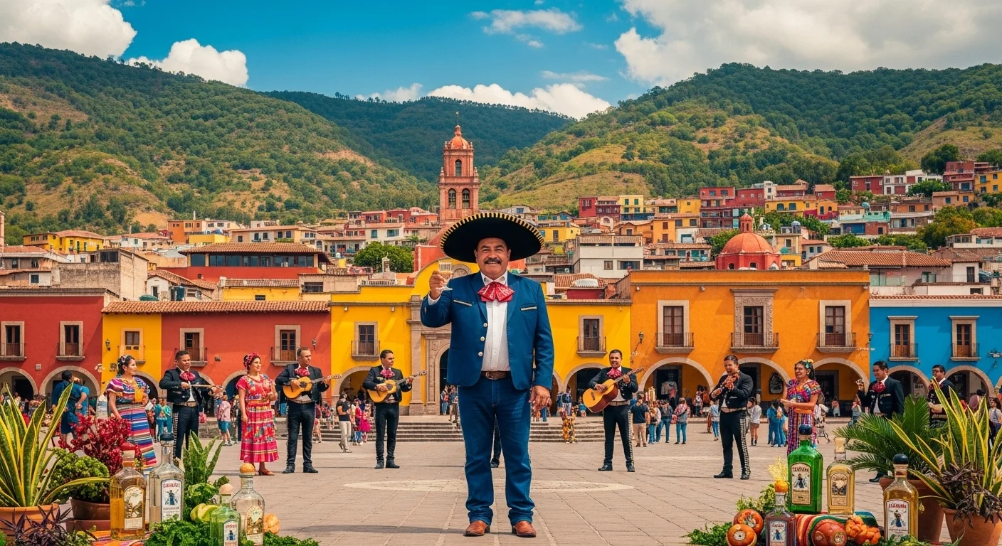 Paysaje mexicano moderno con elementos culturales y turísticos sobre Compadre