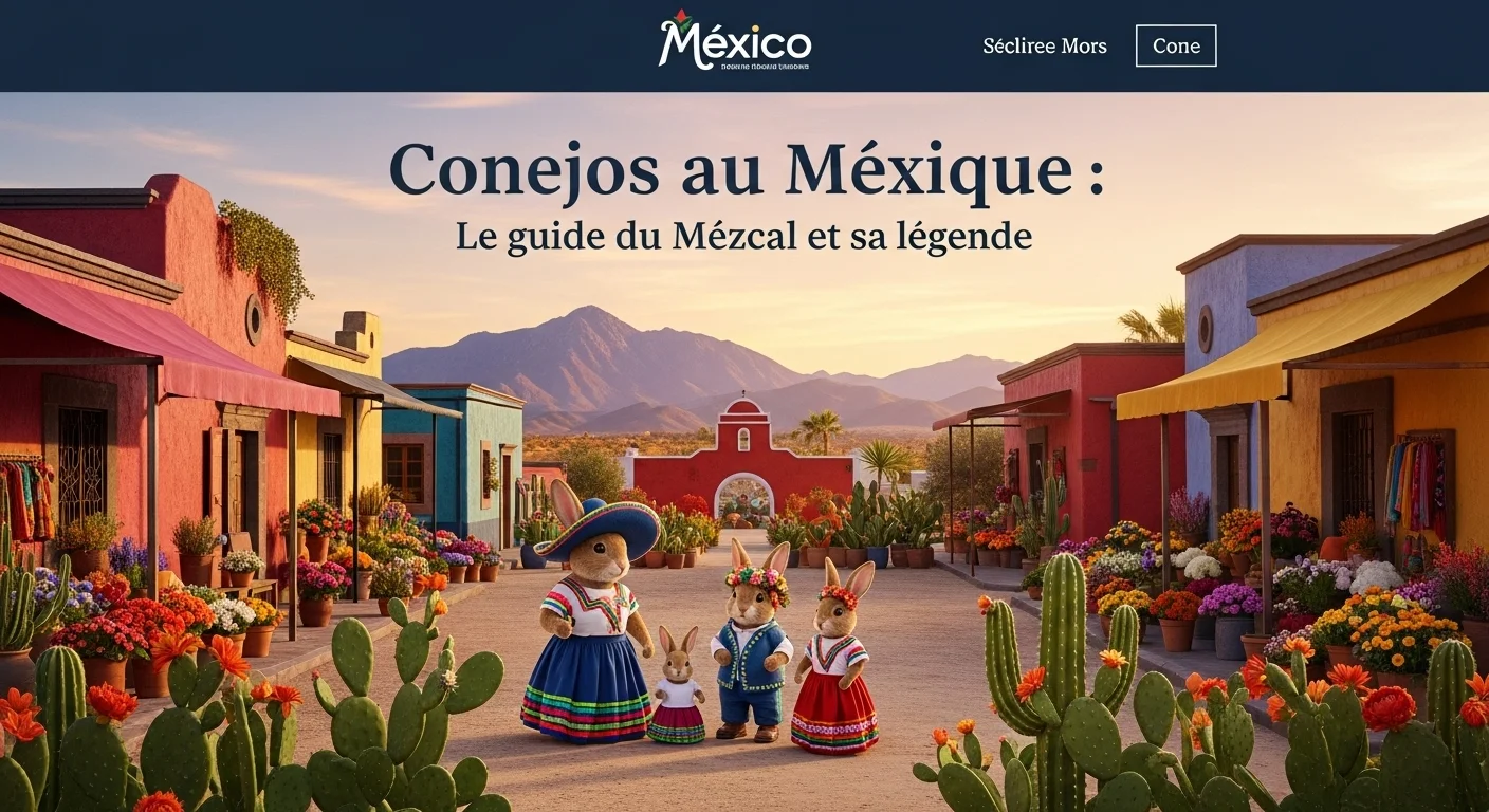 Paisaje mexicano moderno con elementos culturales y turísticos sobre Conejos