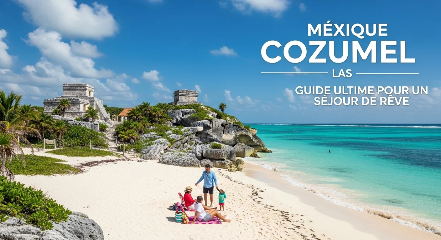 Paisaje mexicano moderno con elementos culturales y turísticos sobre Cozumel Las