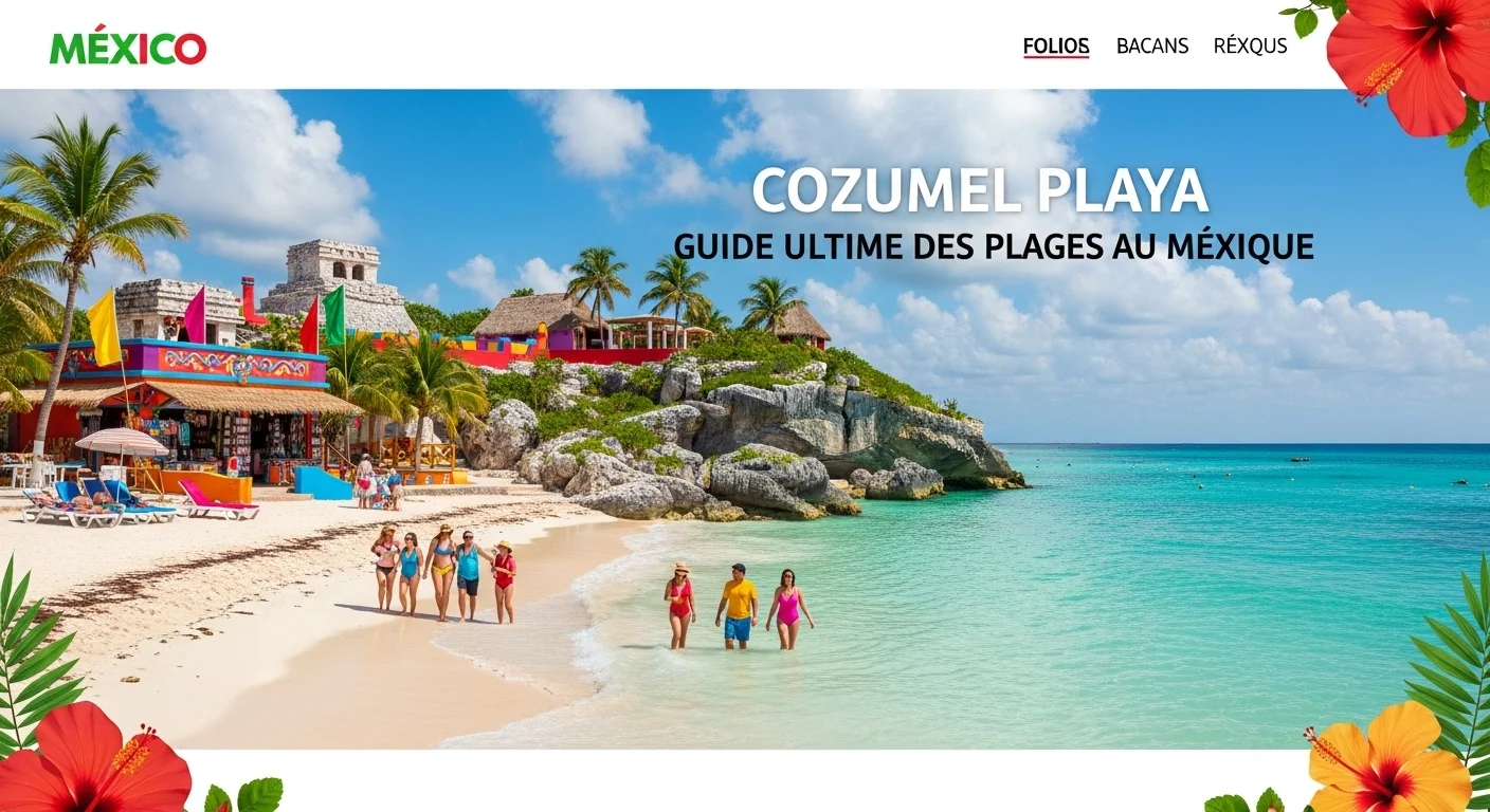 Paisaje mexicano moderno con elementos culturales y turísticos sobre Cozumel Playa
