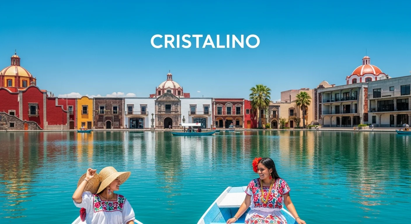 Paisaje mexicano moderno con elementos culturales y turísticos sobre Cristalino