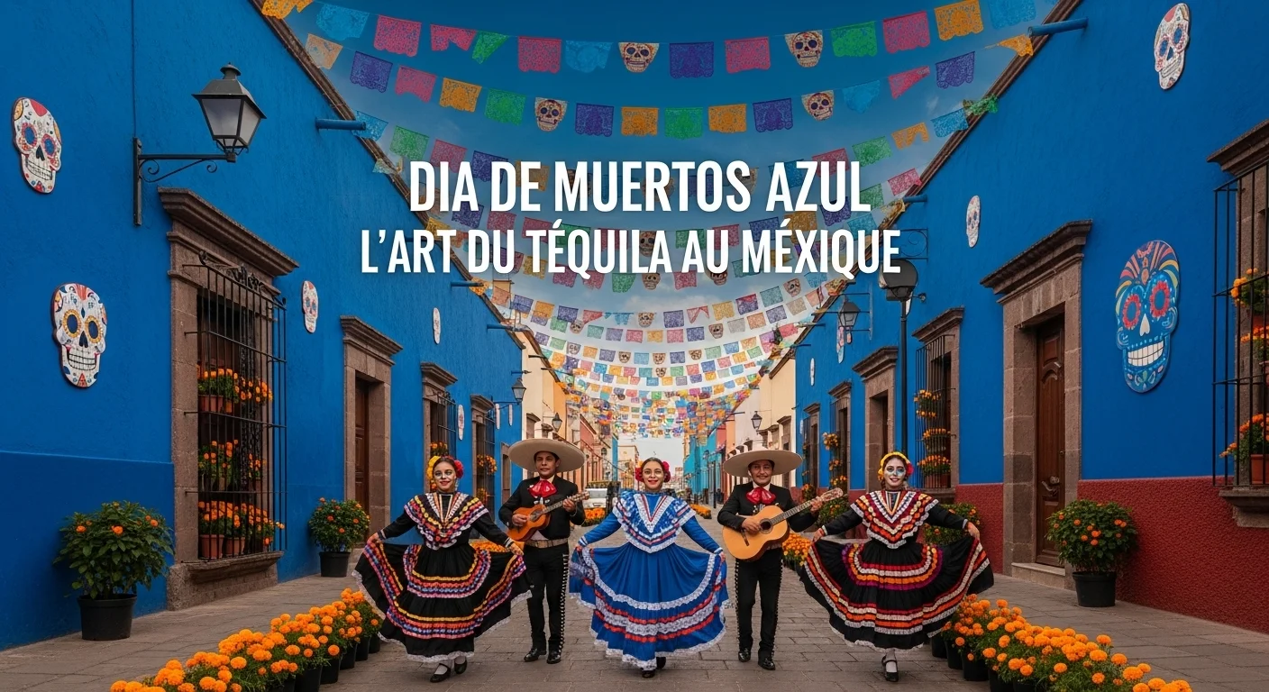 Paisaje mexicano moderno con elementos culturales y turísticos sobre Dia De Muertos Azul