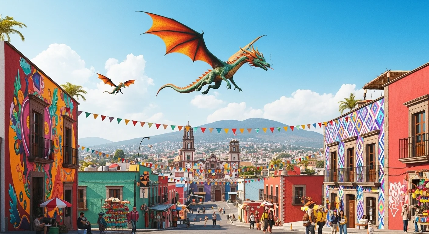 Paisaje mexicano moderno con elementos culturales y turísticos sobre Dragones