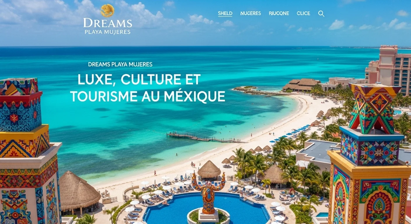 Paisaje mexicano moderno con elementos culturales y turísticos sobre Dreams Playa Mujeres