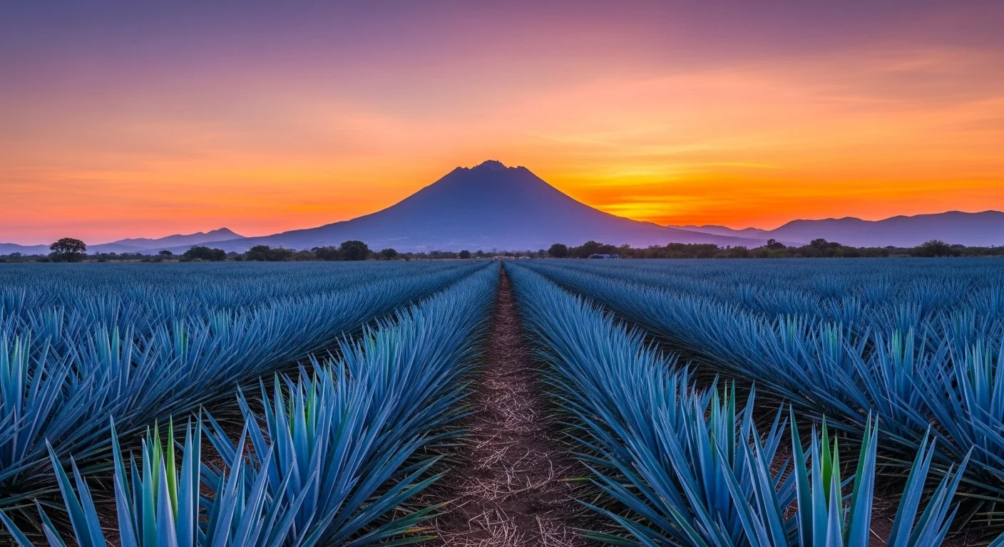 Paysage d'agaves bleus à Jalisco, Mexique, avec le volcan Tequila en arrière-plan au coucher du soleil.