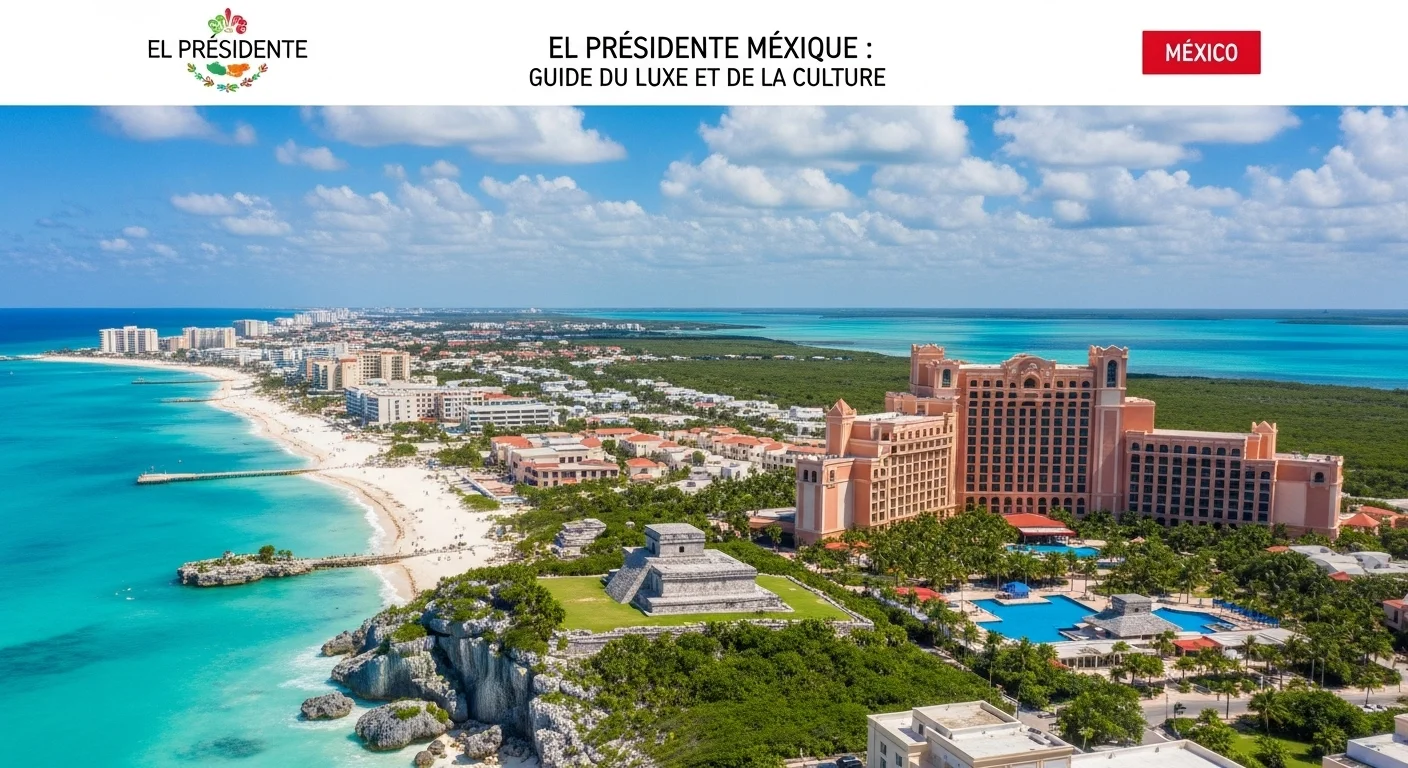 Paisaje mexicano moderno con elementos culturales y turísticos sobre El Presidente