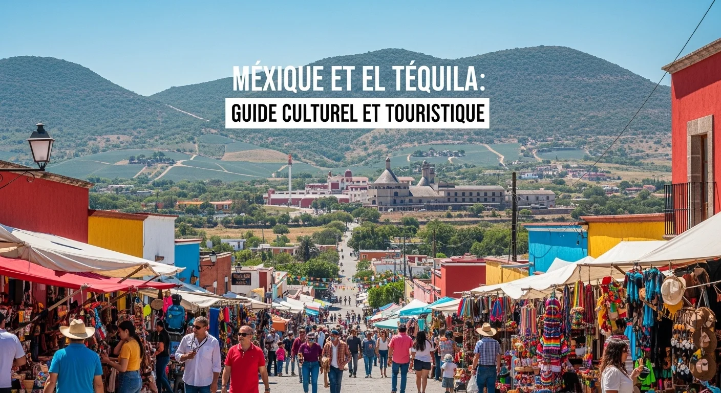 Paisaje mexicano moderno con elementos culturales y turísticos sobre El Tequila