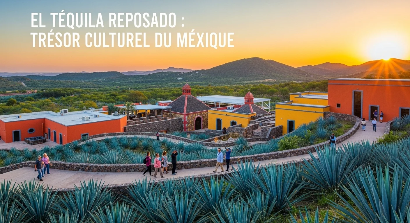 Paisaje mexicano moderno con elementos culturales y turísticos sobre El Tequila Reposado