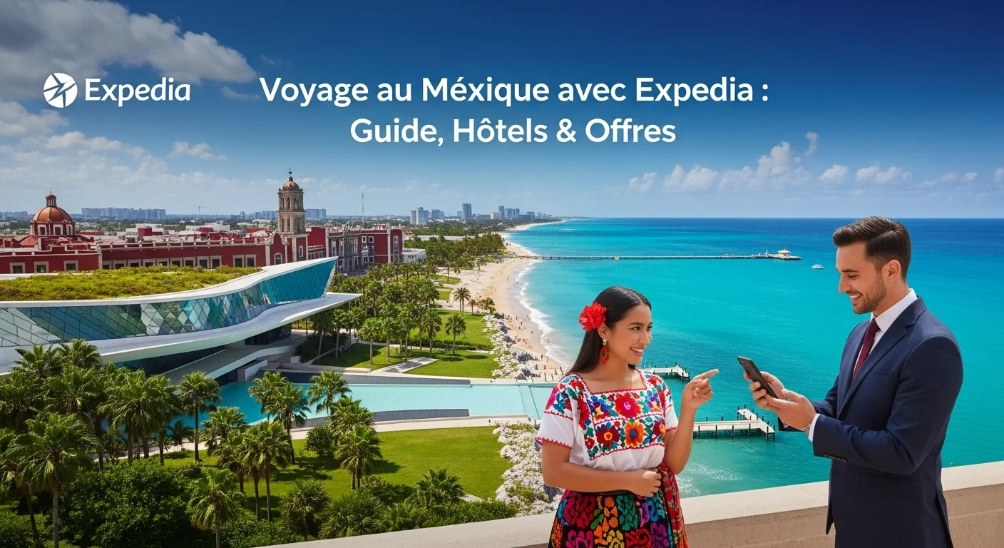 Paisaje mexicano moderno con elementos culturales y turísticos sobre Expedia
