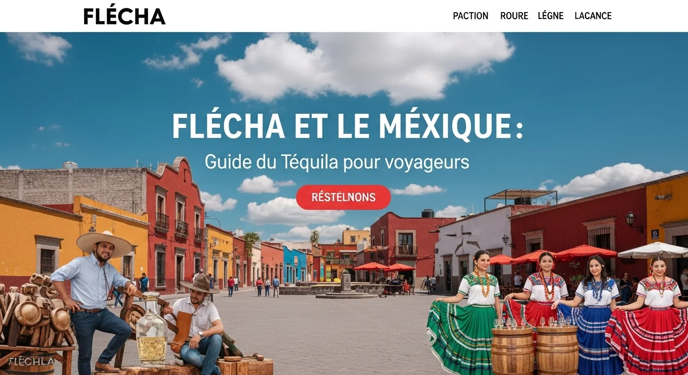 Paisaje mexicano moderno con elementos culturales y turísticos sobre Flecha
