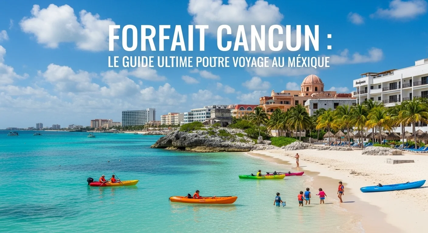 Paisaje mexicano moderno con elementos culturales y turísticos sobre Forfait Cancun