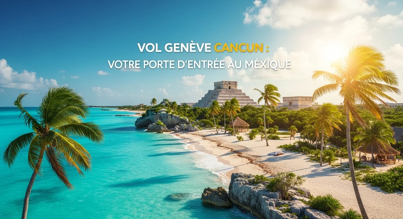 Paisaje mexicano moderno con elementos culturales y turísticos sobre Geneve Cancun