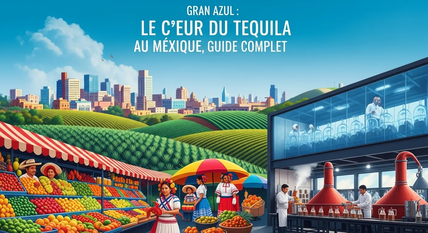 Paisaje mexicano moderno con elementos culturales y turísticos sobre Gran Azul