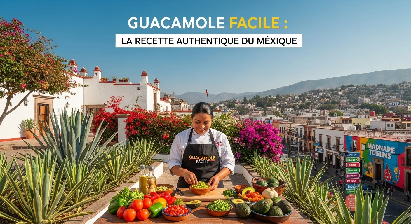 Paisaje mexicano moderno con elementos culturales y turísticos sobre Guacamole Facile