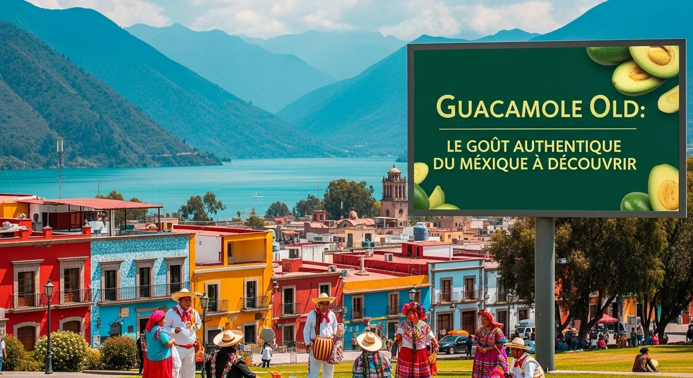Paisaje mexicano moderno con elementos culturales y turísticos sobre Guacamole Old