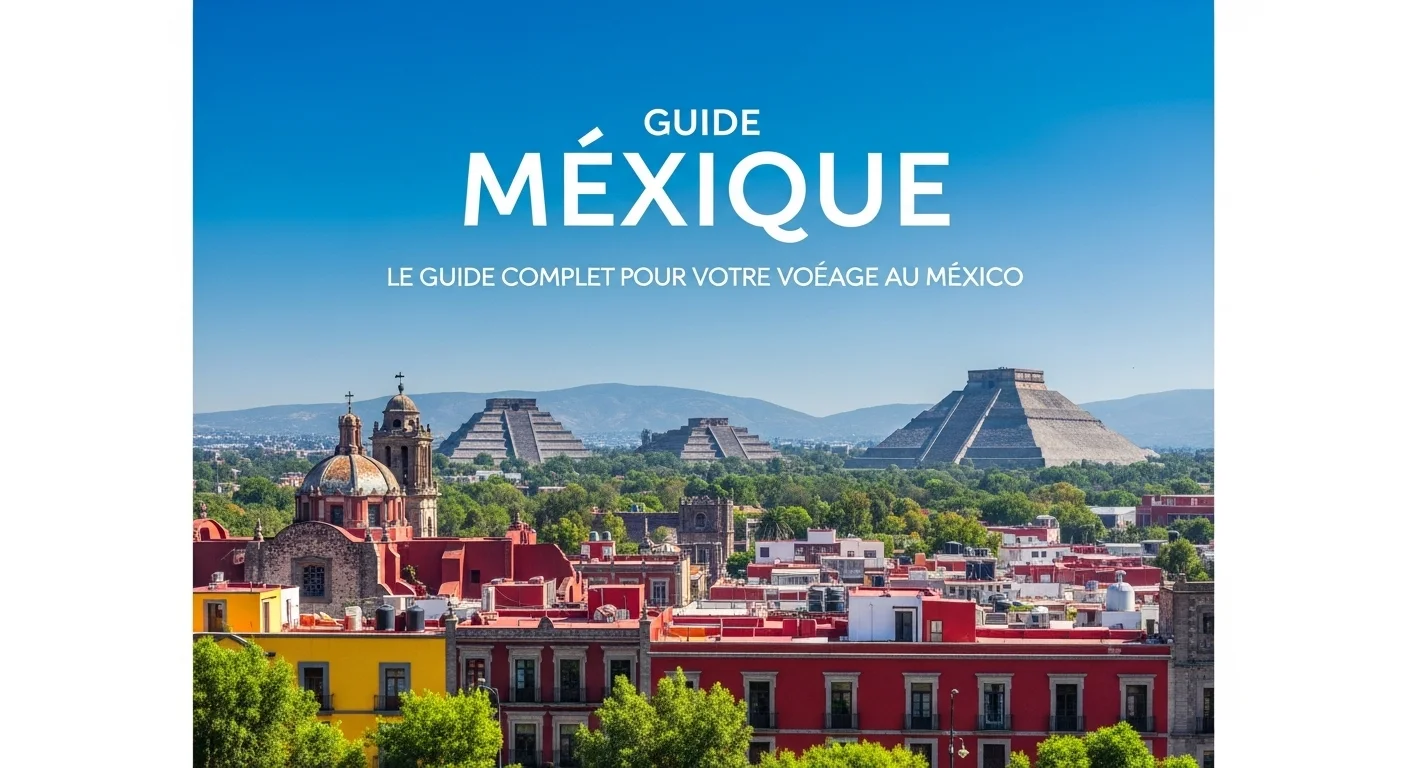 Paysage mexicain moderne avec des pyramides anciennes et une ville en arrière-plan, symbolisant un guide complet du Mexique.