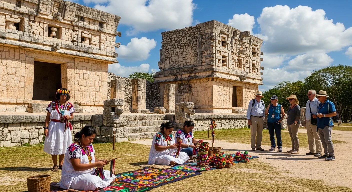 Paisaje mexicano moderno con elementos culturales y turísticos sobre Guide Yucatan