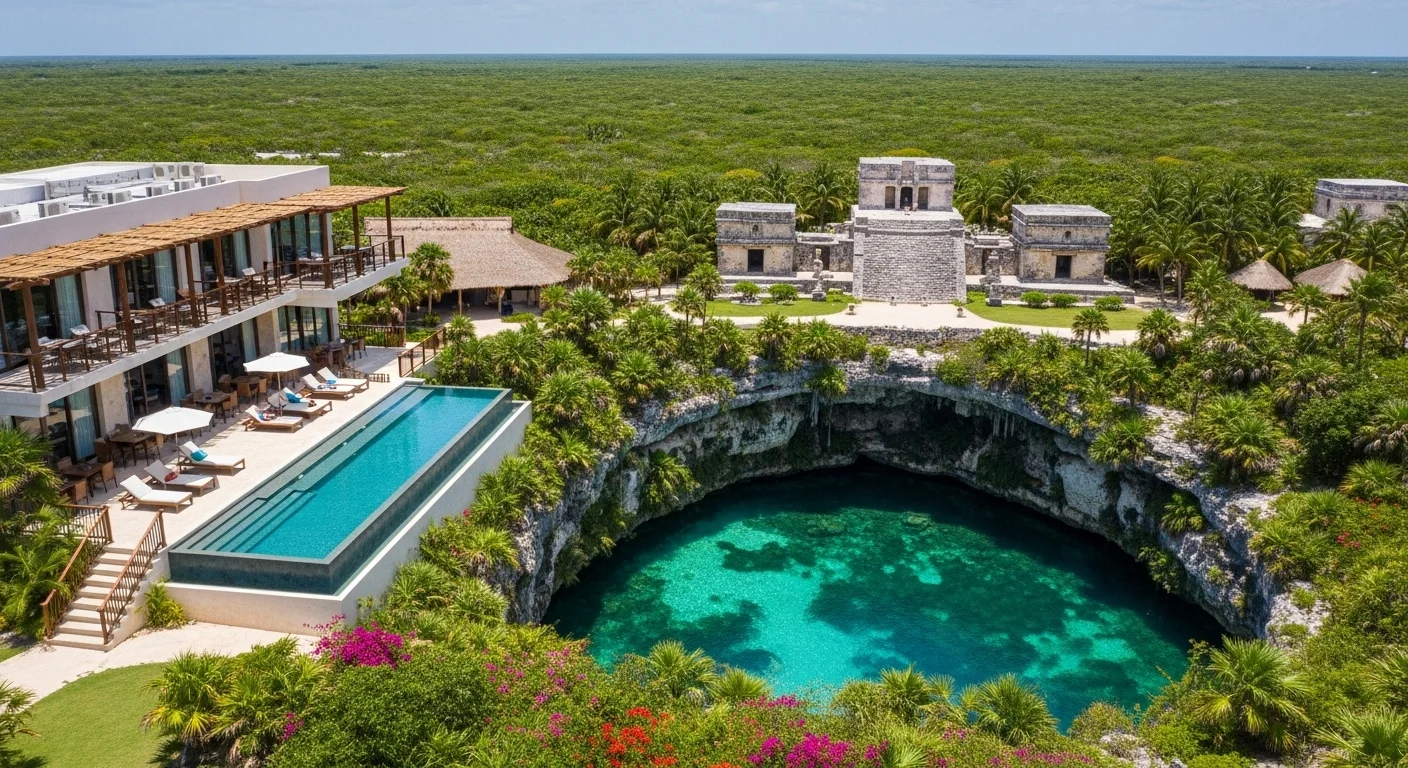 Paisaje mexicano moderno con elementos culturales y turísticos sobre Ha Tulum