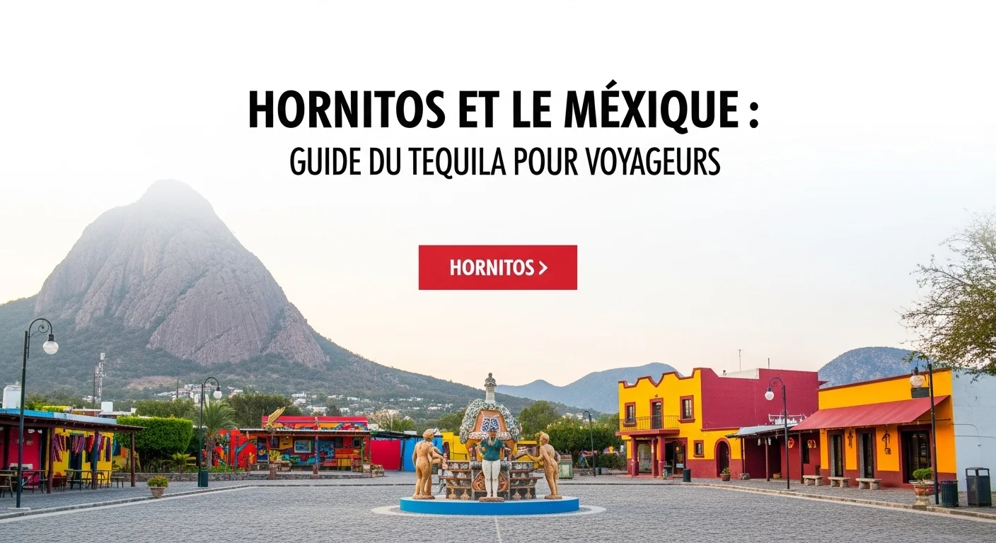 Paisaje mexicano moderno con elementos culturales y turísticos sobre Hornitos