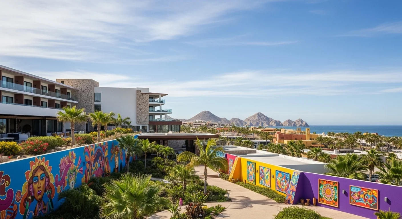 Paisaje mexicano moderno con elementos culturales y turísticos sobre Hotel Cabo