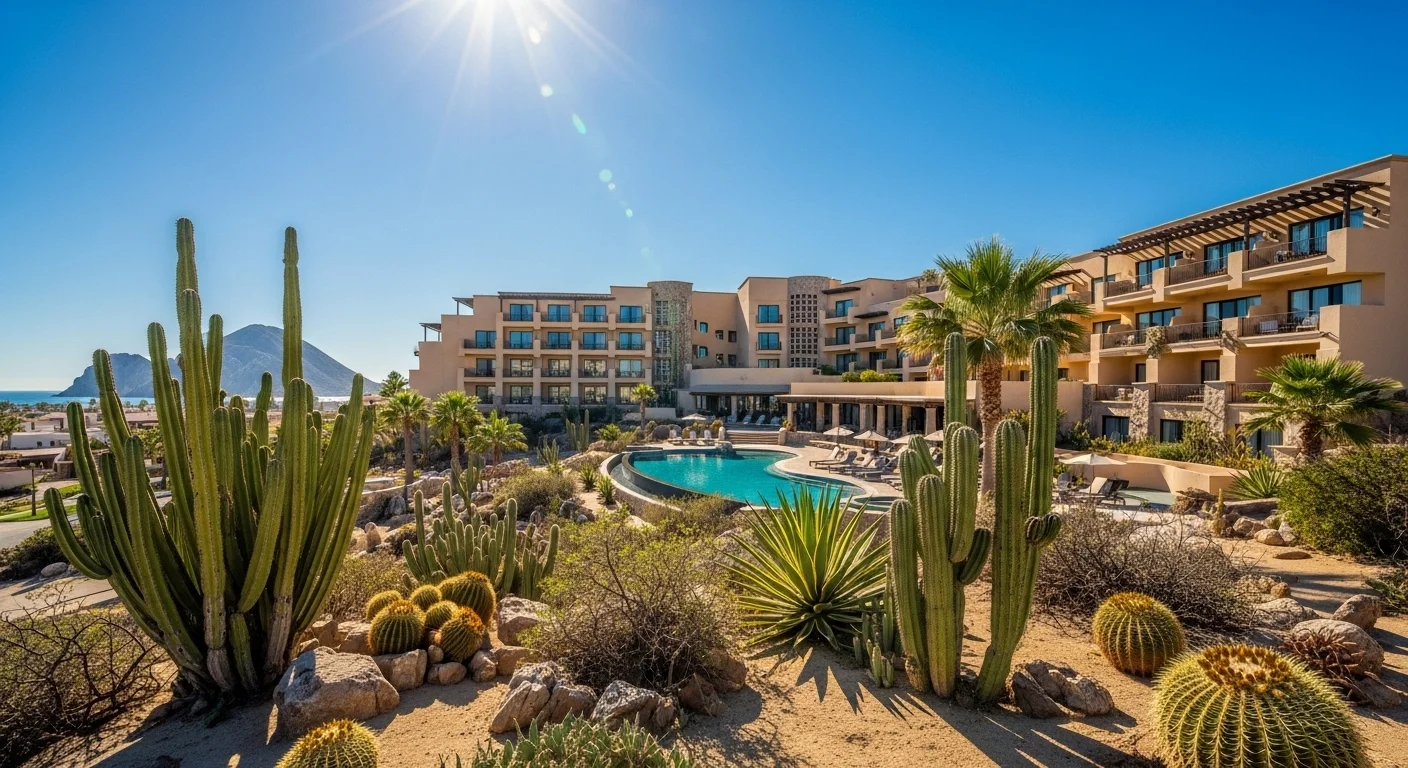 Paisaje mexicano moderno con elementos culturales y turísticos sobre Hotel Cabo Pedregal