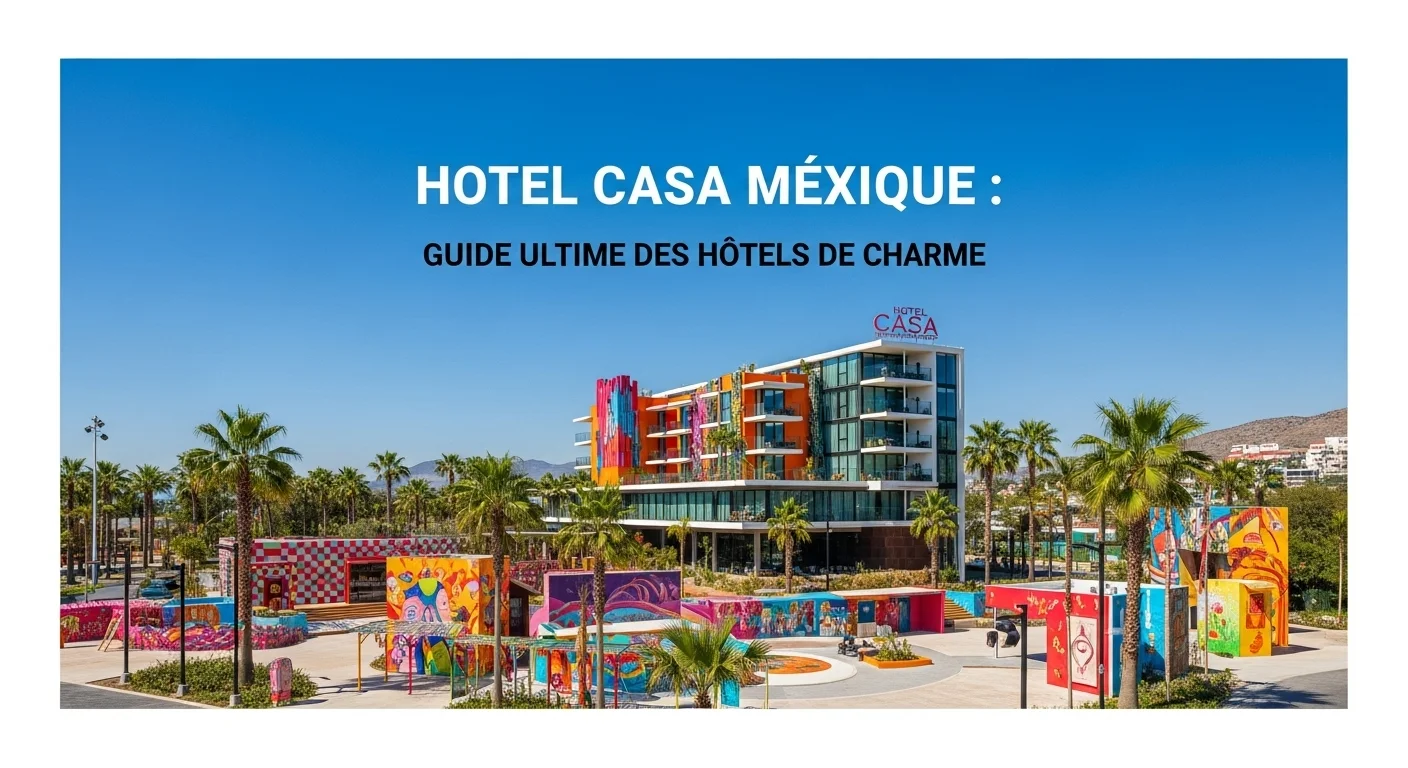 Paisaje mexicano moderno con elementos culturales y turísticos sobre Hotel Casa