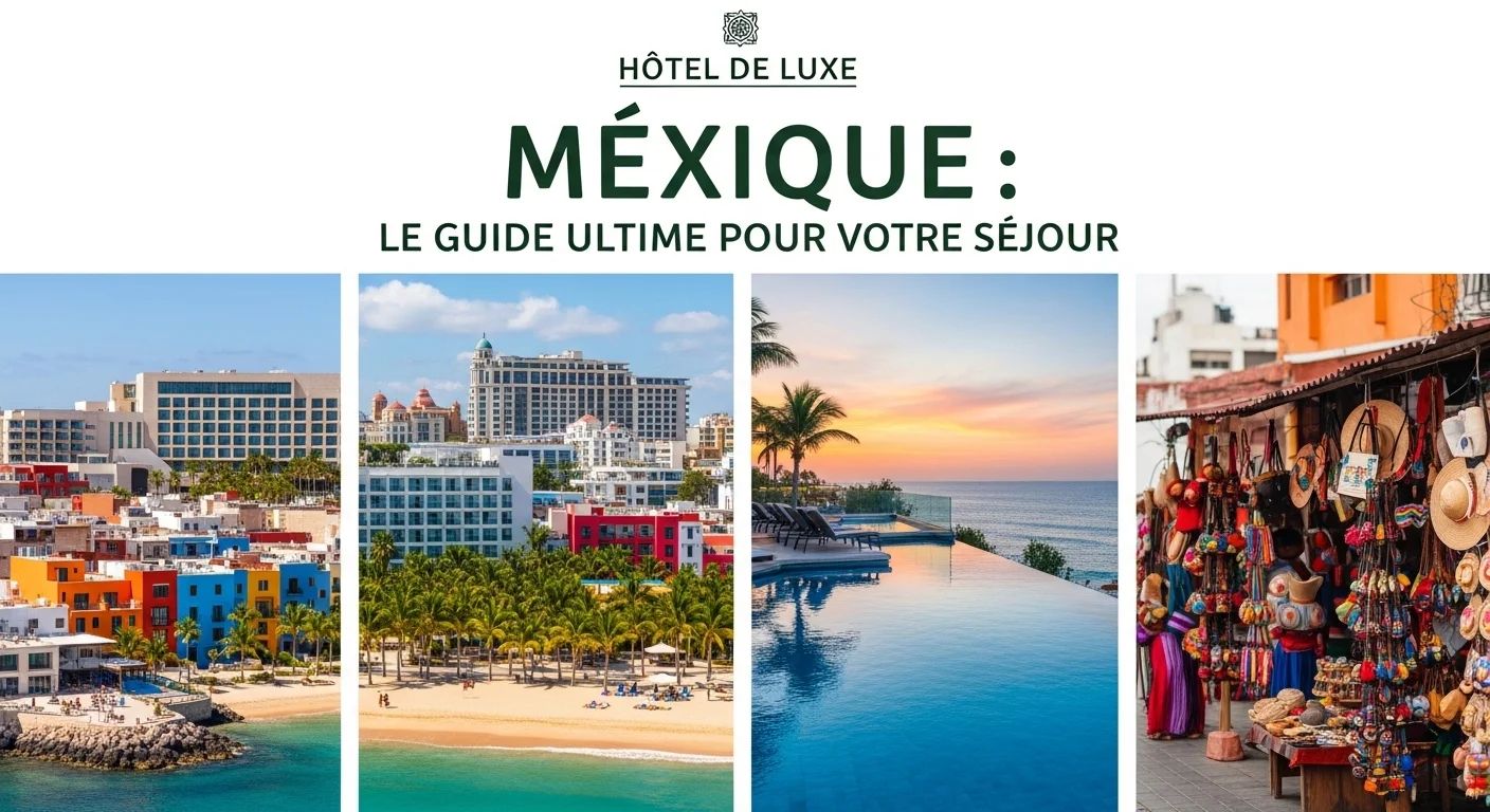 Paisaje mexicano moderno con elementos culturales y turísticos sobre Hotel De Luxe