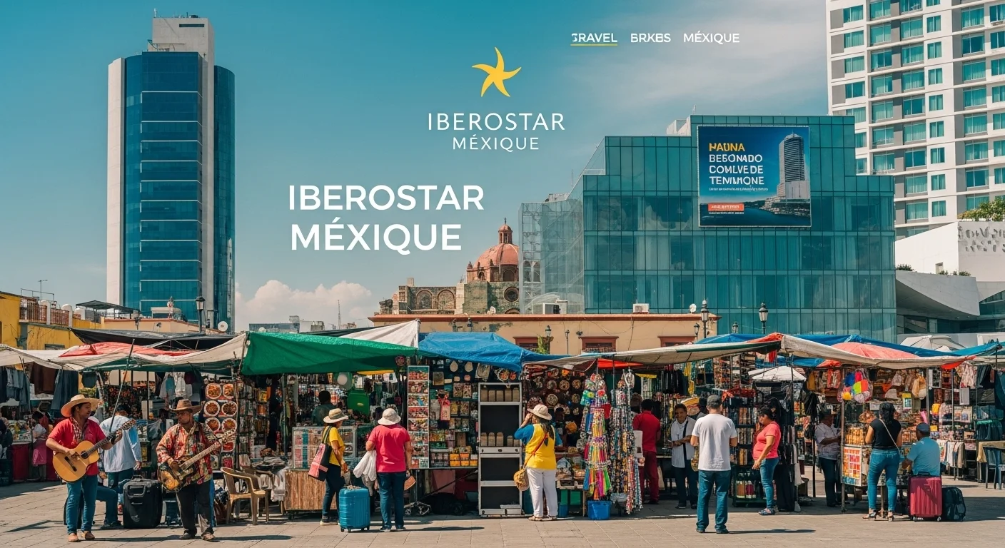 Paisaje mexicano moderno con elementos culturales y turísticos sobre Iberostar Mexique