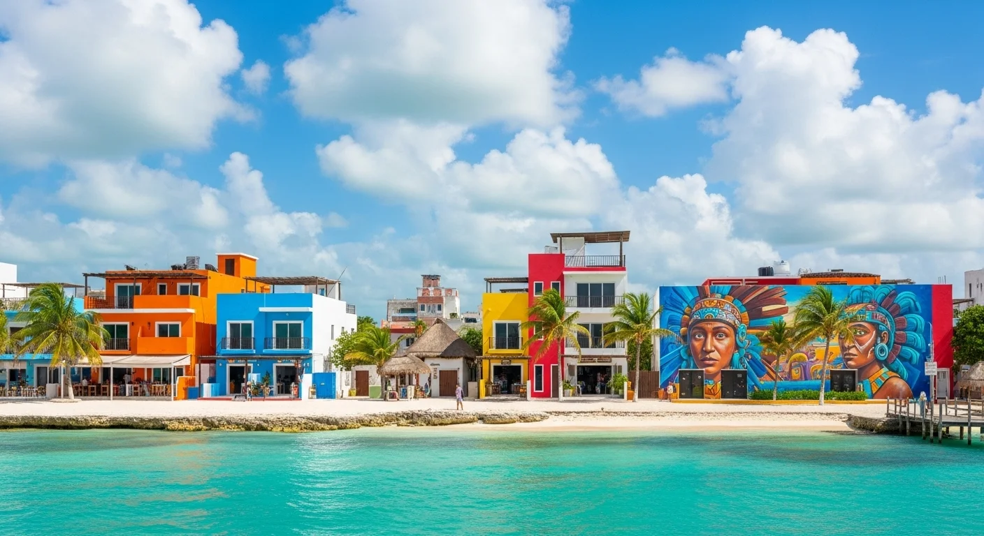 Paisaje mexicano moderno con elementos culturales y turísticos sobre Isla Mujeres