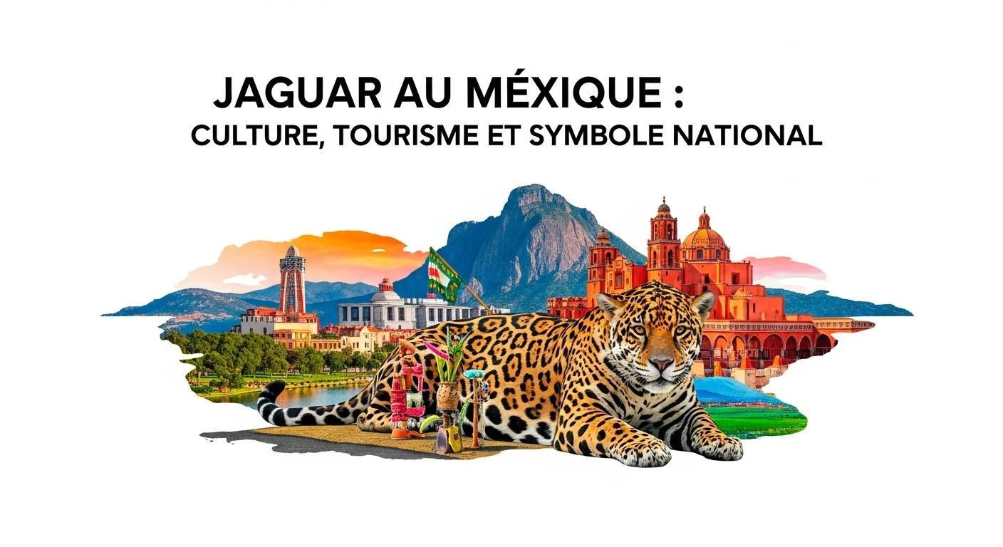 Paysage mexicain moderne avec des éléments culturels et touristiques sur le Jaguar