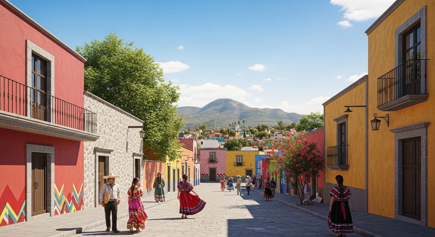Paisaje mexicano moderno con elementos culturales y turísticos sobre Jalisco