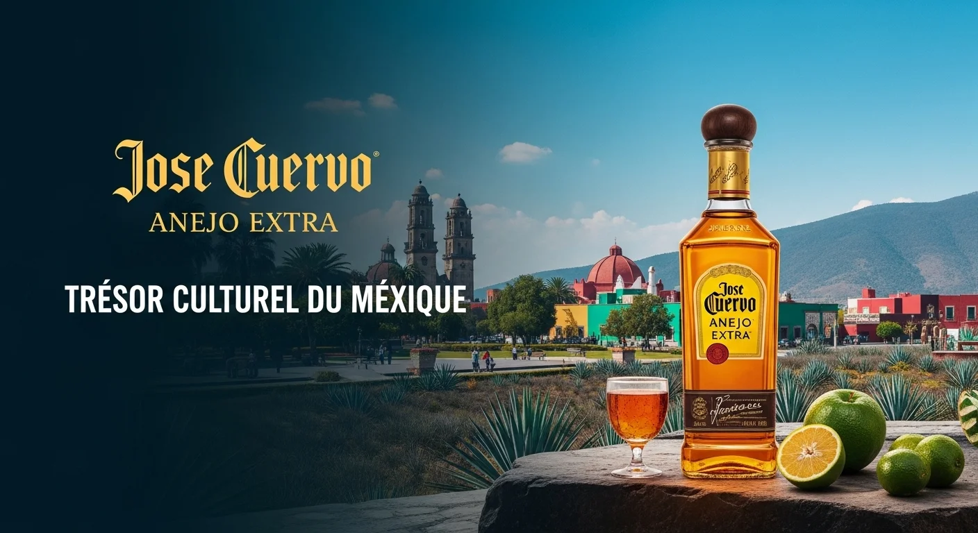 Paysaje mexicano moderno con elementos culturales y turísticos sobre Jose Cuervo Anejo Extra
