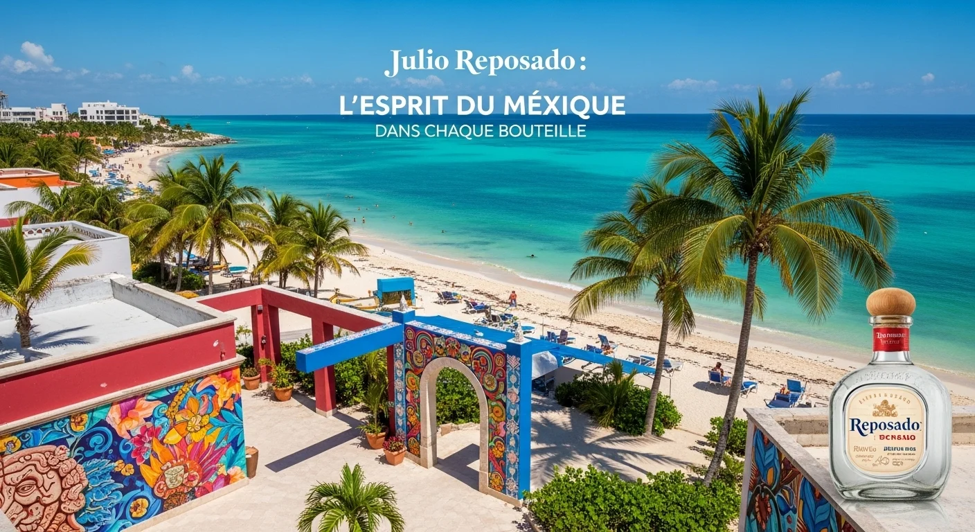Paisaje mexicano moderno con elementos culturales y turísticos sobre Julio Reposado
