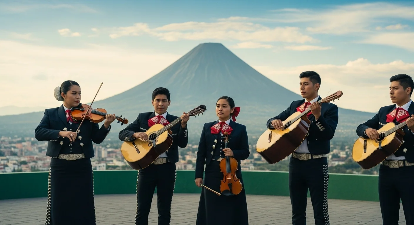 Paisaje mexicano moderno avec des jeunes jouant de la musique mariachi au premier plan.