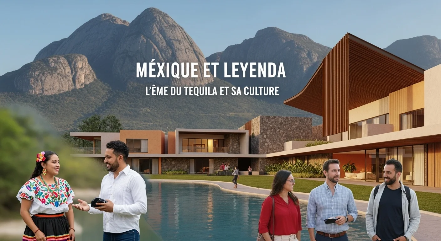 Paisaje mexicano moderno con elementos culturales y turísticos sobre Leyenda
