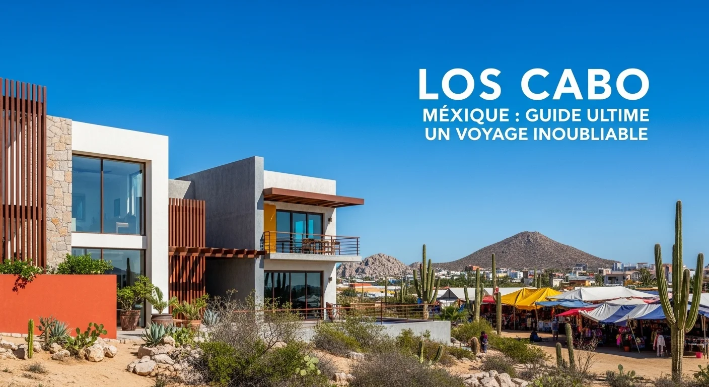 Paisaje mexicano moderno con elementos culturales y turísticos sobre Los Cabo