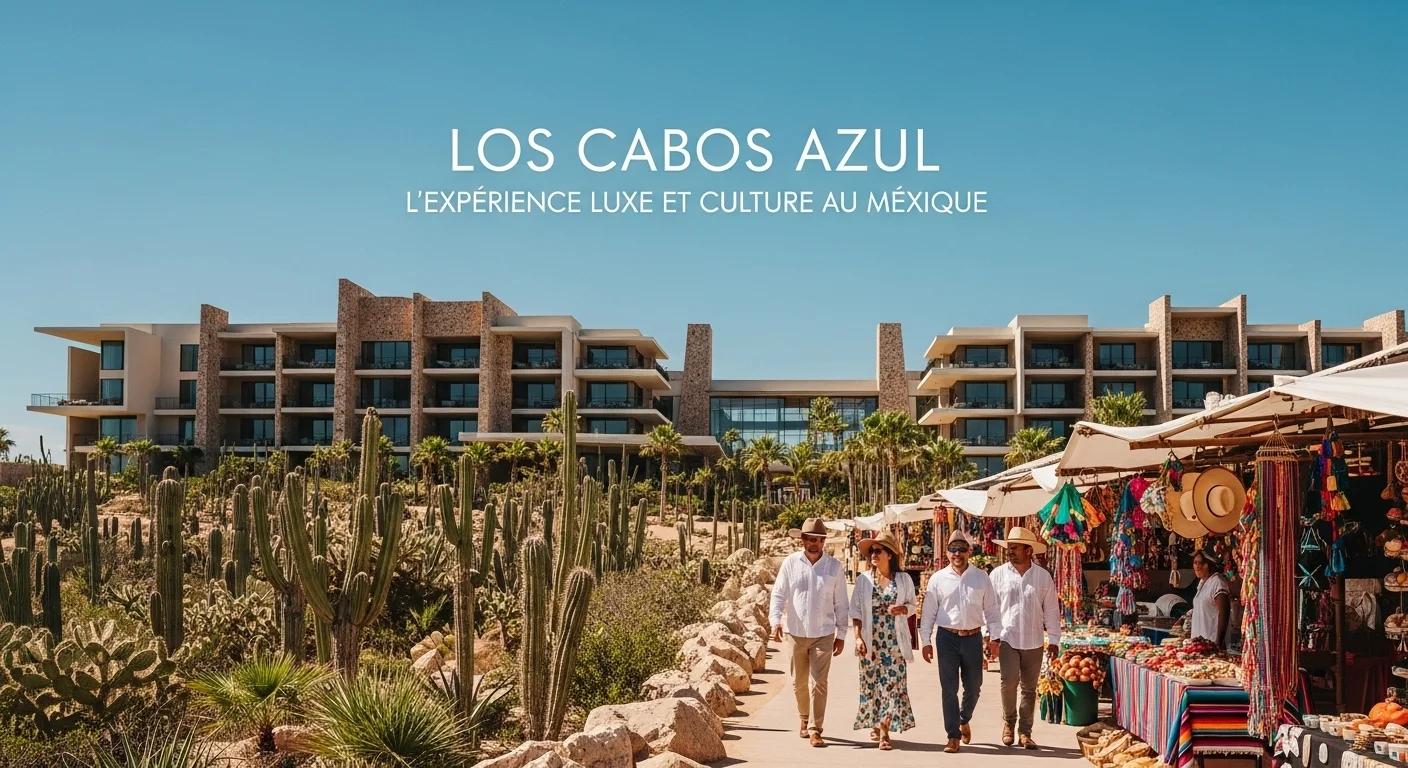 Paisaje mexicano moderno con elementos culturales y turísticos sobre Los Cabos Azul