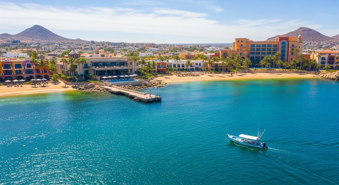 Paisaje mexicano moderno con elementos culturales y turísticos sobre Los Cabos Las