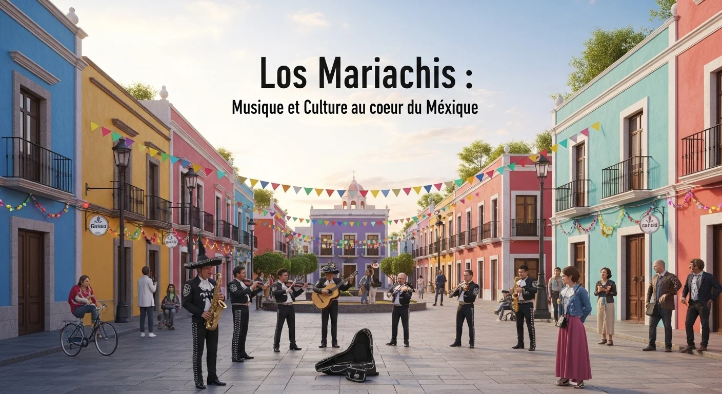 Paysage mexicain moderne avec éléments culturels et touristiques sur Los Mariachis