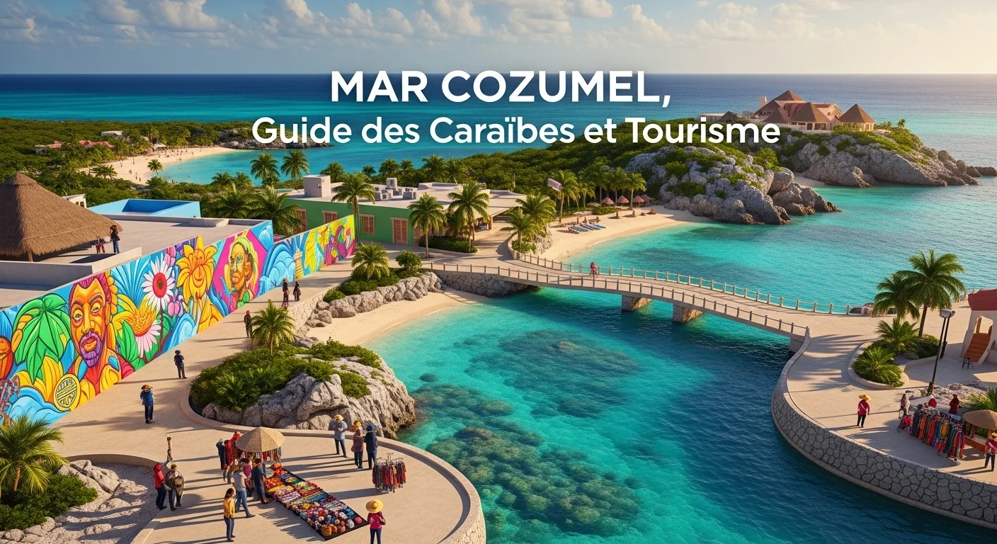 Paisaje mexicano moderno con elementos culturales y turísticos sobre Mar Cozumel