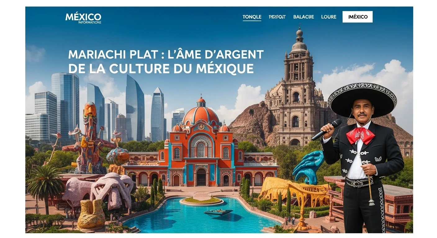 Paisaje mexicano moderno con elementos culturales y turísticos sobre Mariachi Plat