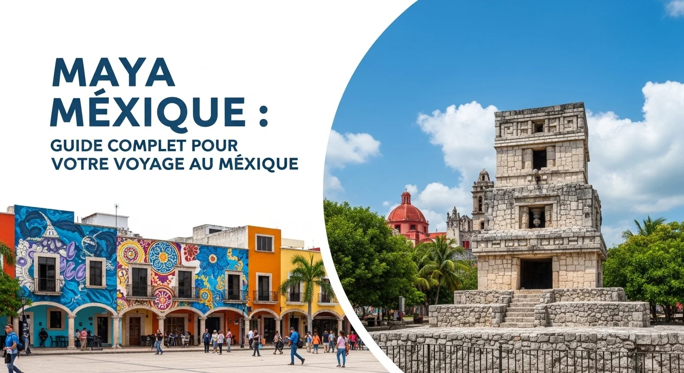 Paisaje mexicano moderno con elementos culturales y turísticos sobre Maya Mexique