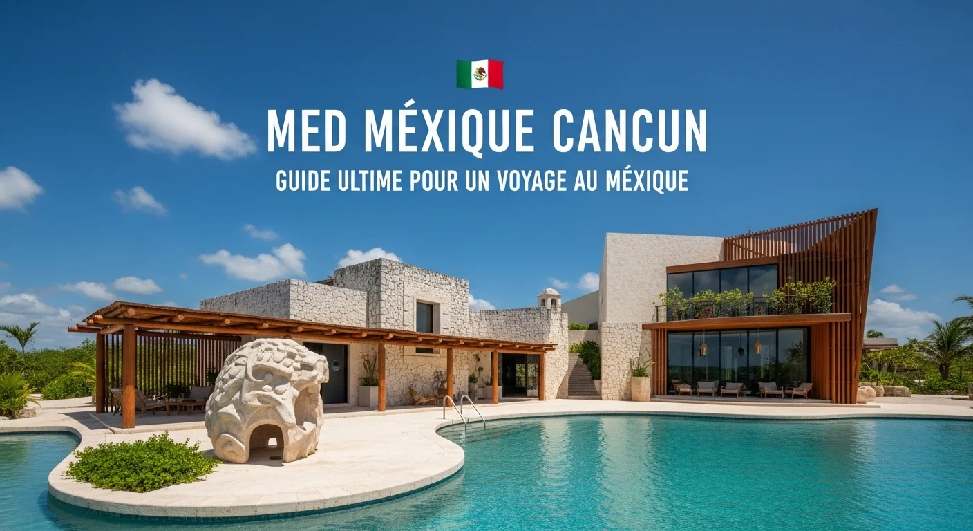 Paisaje mexicano moderno con elementos culturales y turísticos sobre Med Mexique Cancun