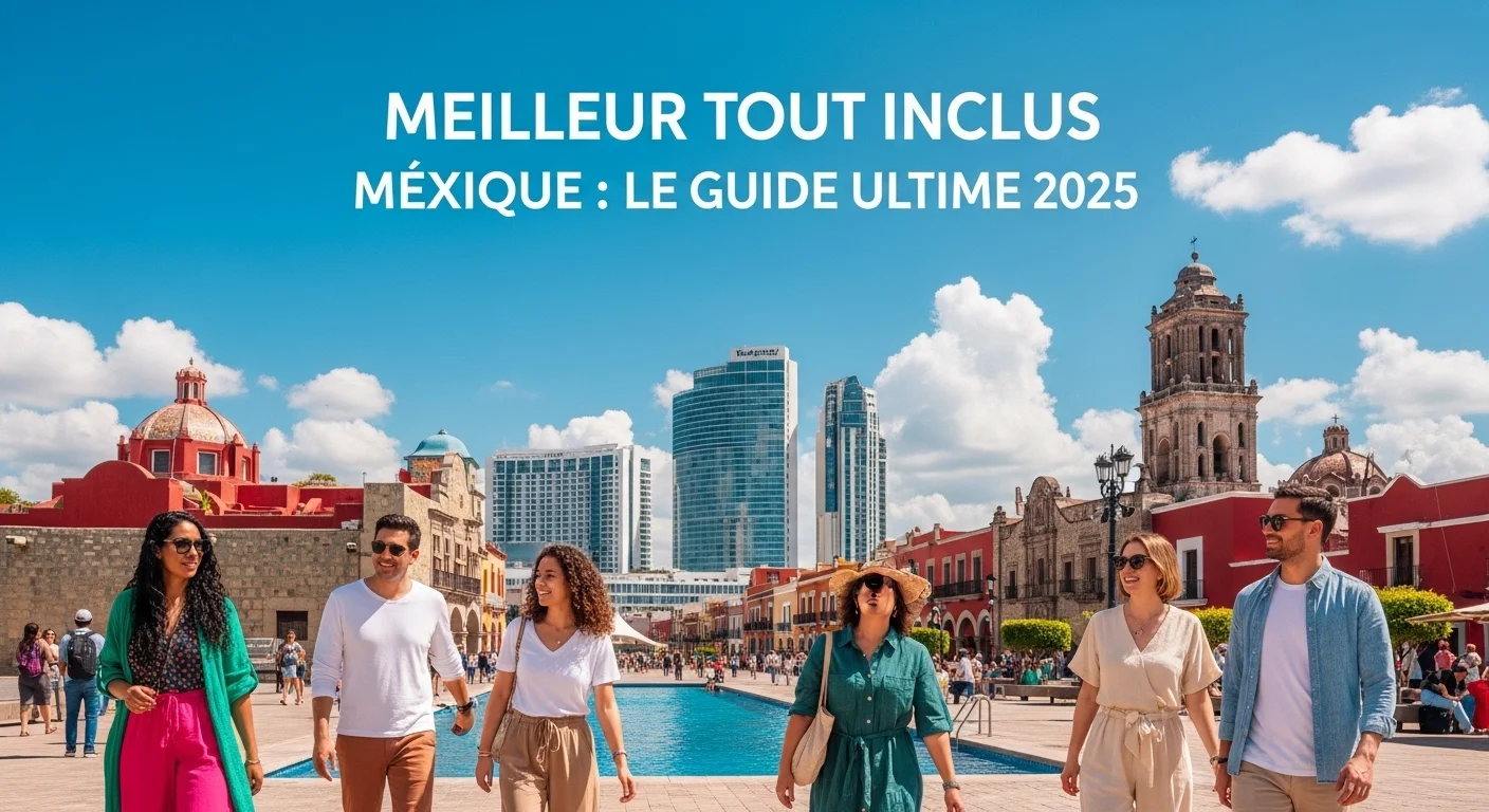 Paisaje mexicano moderno con elementos culturales y turísticos sobre Meilleur Tout