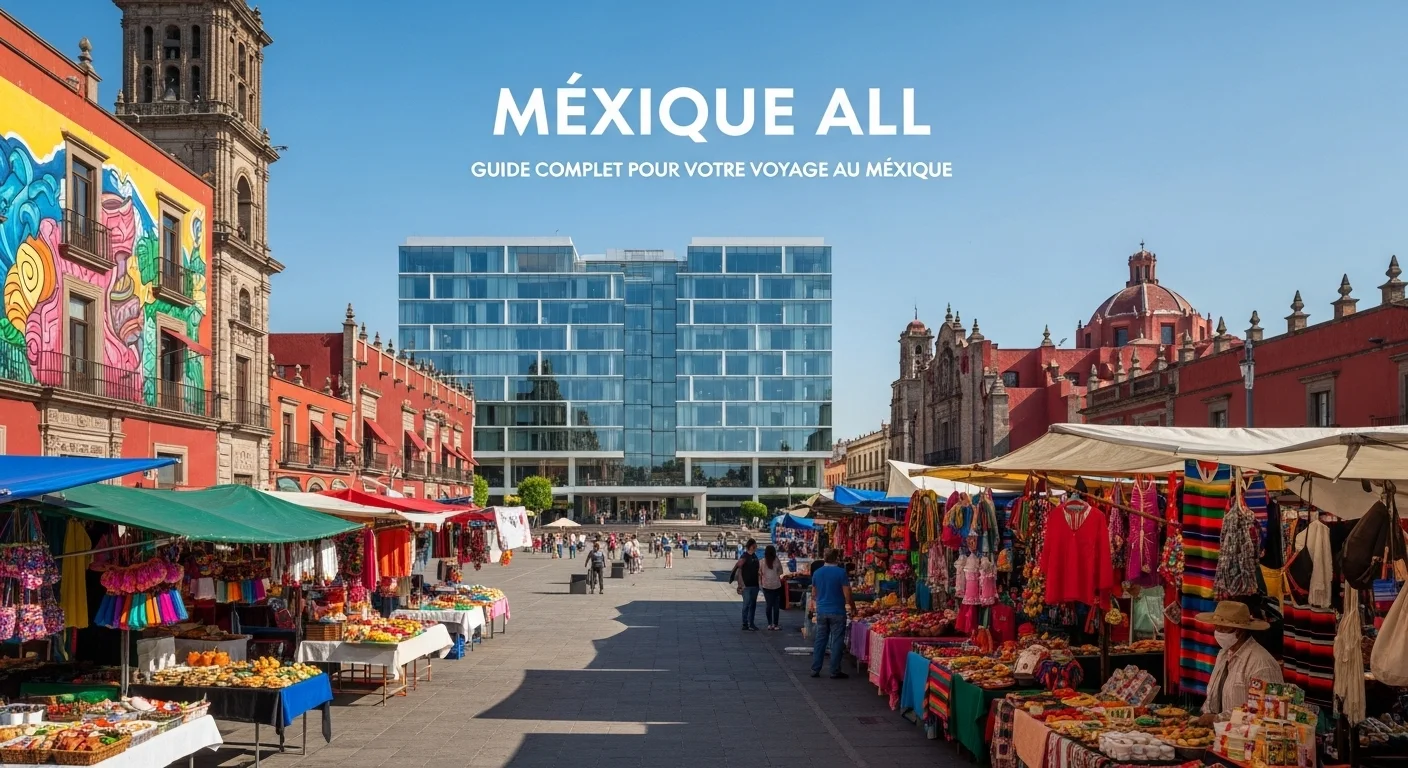 Paisaje mexicano moderno con elementos culturales y turísticos sobre Mexique All