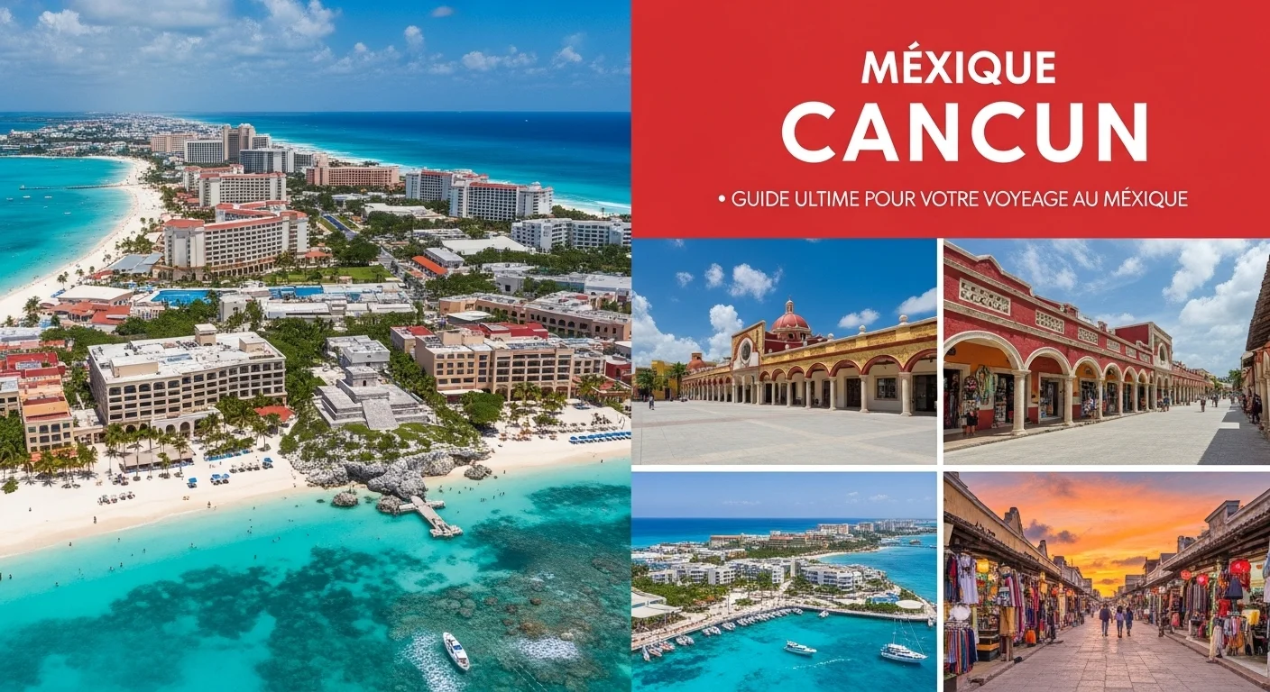 Paisaje mexicano moderno con elementos culturales y turísticos sobre Mexique Cancun