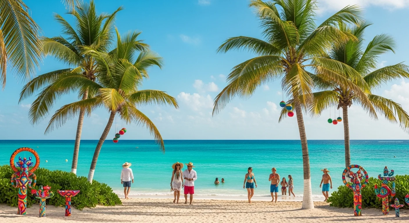 Paisaje mexicano moderno con elementos culturales y turísticos sobre Mexique Playa