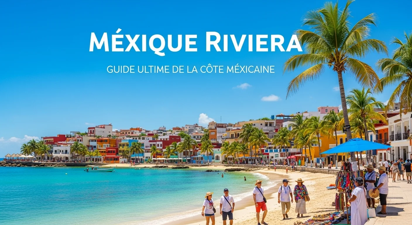 Paisaje mexicano moderno con elementos culturales y turísticos sobre Mexique Riviera
