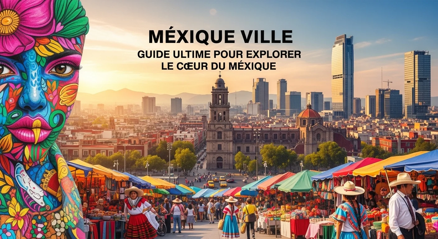 Paisaje mexicano moderno con elementos culturales y turísticos sobre Mexique Ville