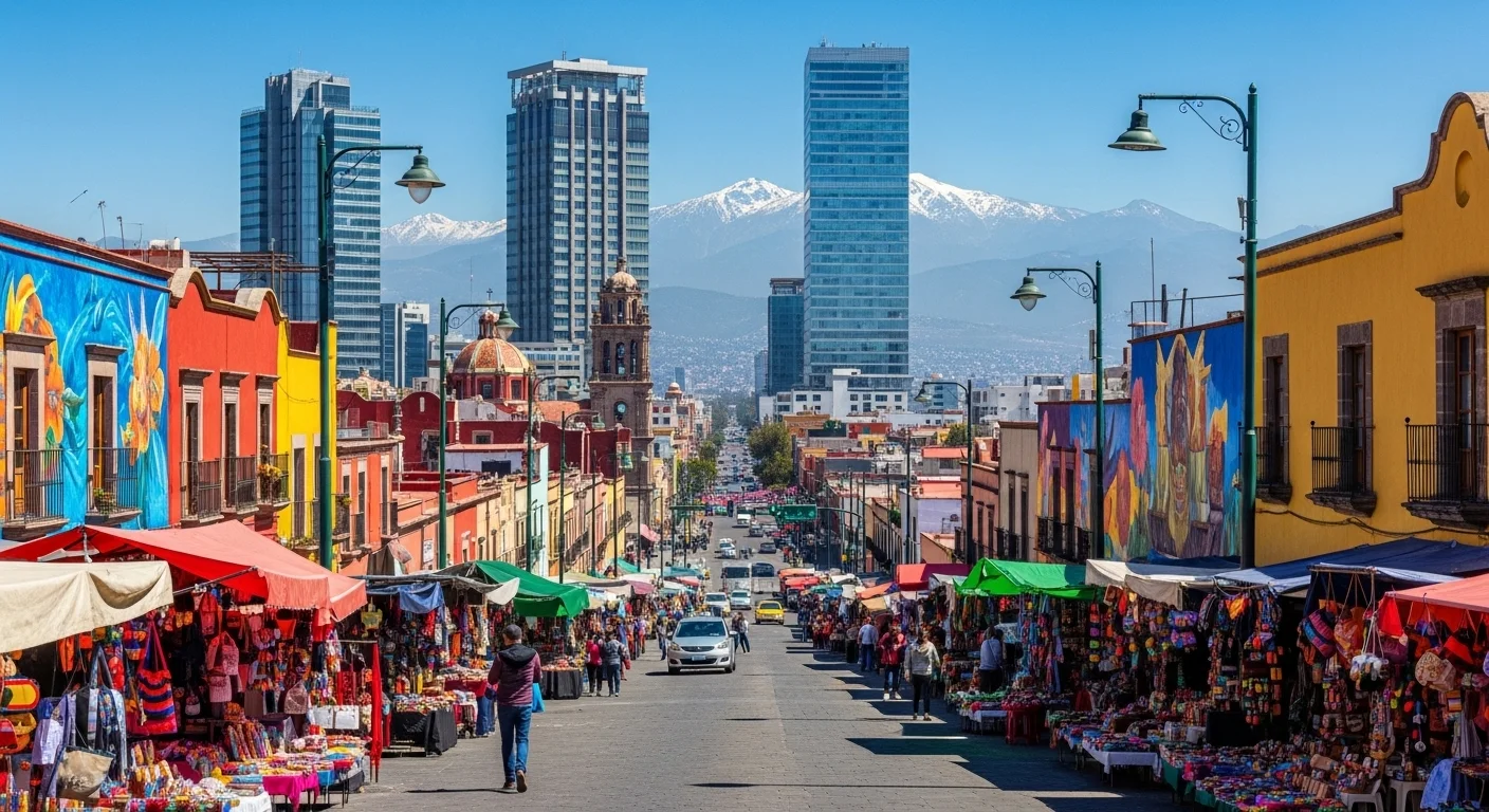 Paisaje mexicano moderno con elementos culturales y turísticos sobre Mi Tierra